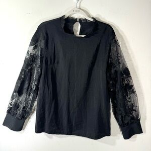 Shein Black Sheer Lace Balloon Sleeve Blouse